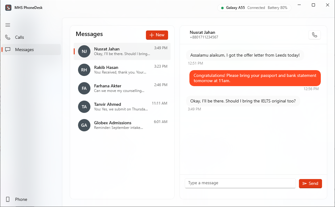 PhoneDesk Messages screen with a conversation and a reply box