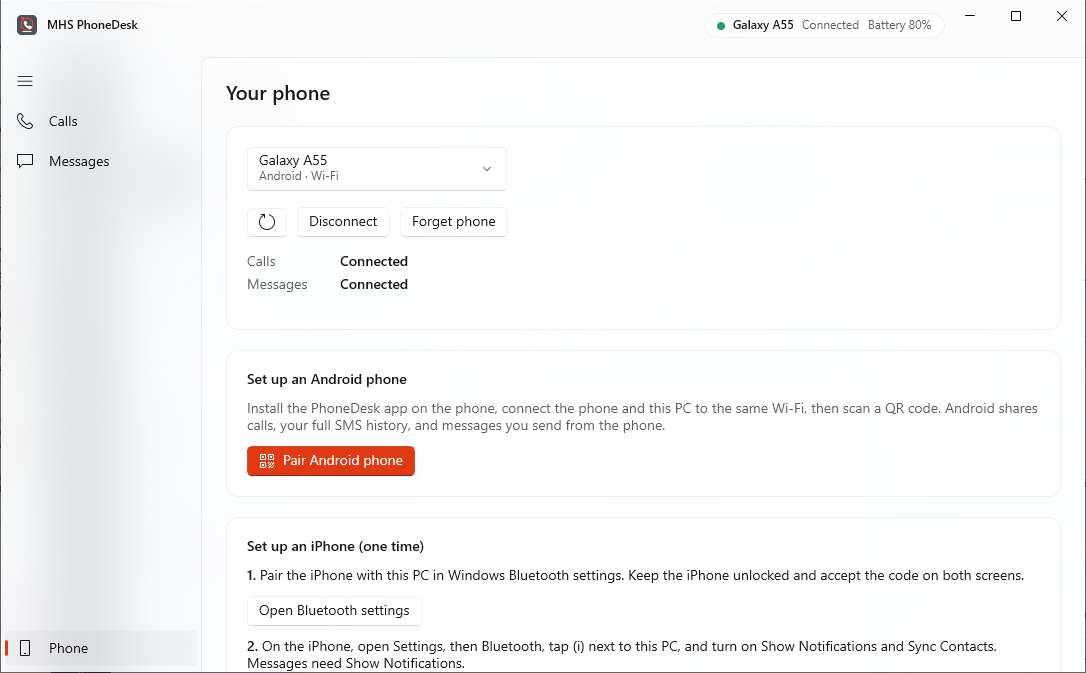 PhoneDesk Phone page showing a connected Android phone and setup options